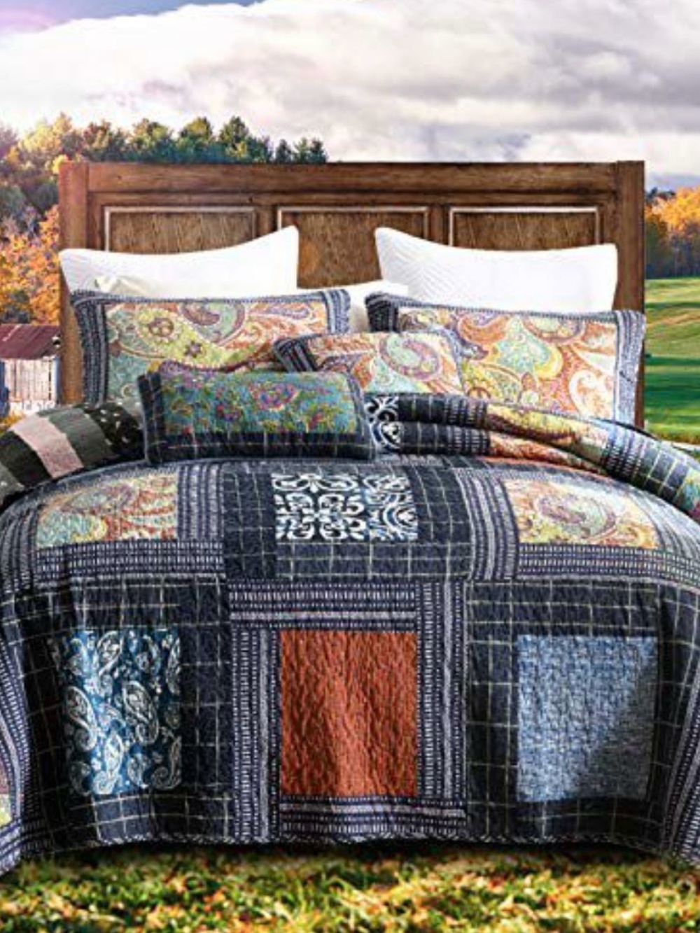 Patchwork Paisley Quilt Set in Navy, Rust & Multicolor - newlake